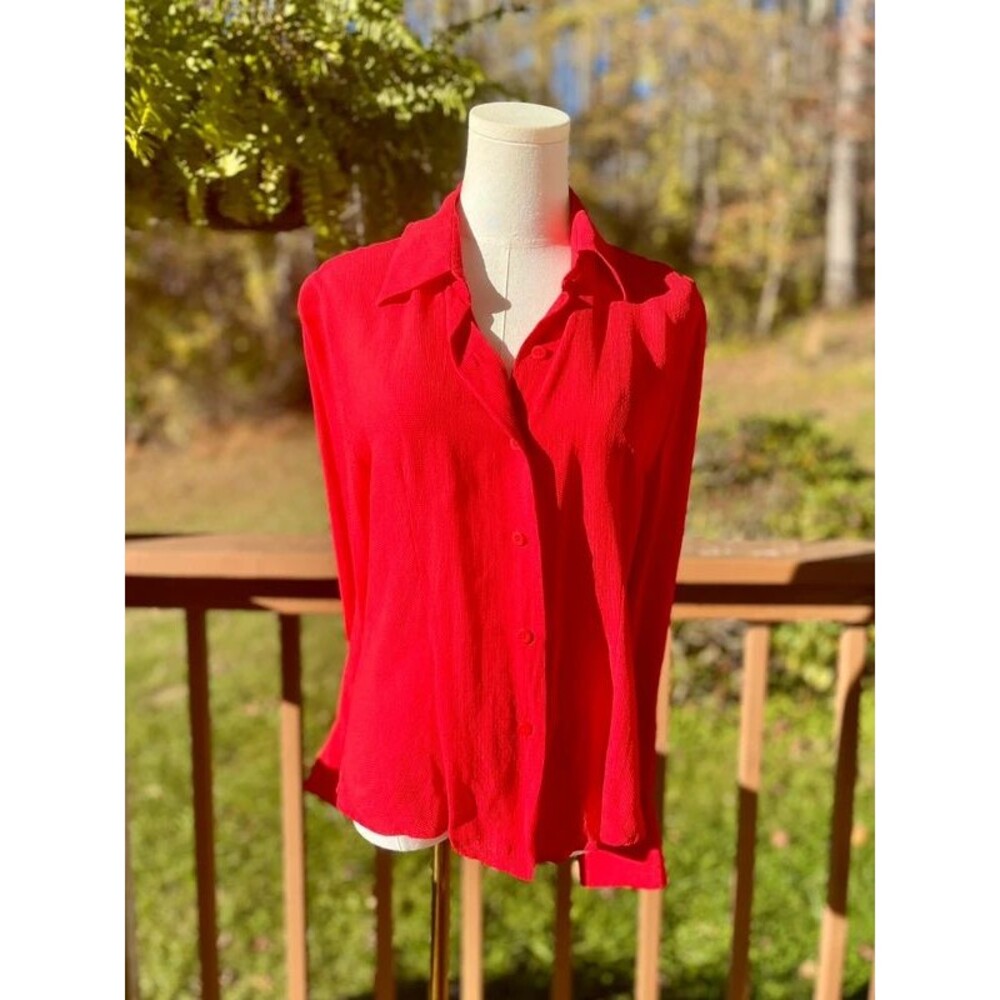 Linda Allard Ellen Tracy 100% Silk Red Textured Button Down Blouse Size 12